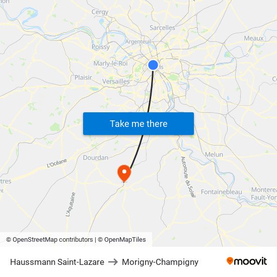 Haussmann Saint-Lazare to Morigny-Champigny map