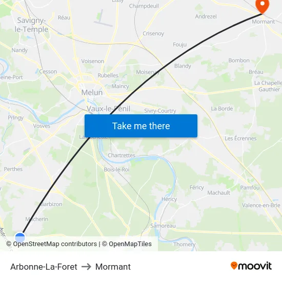 Arbonne-La-Foret to Mormant map