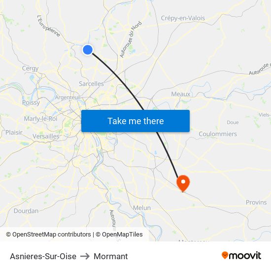 Asnieres-Sur-Oise to Mormant map