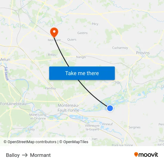 Balloy to Mormant map