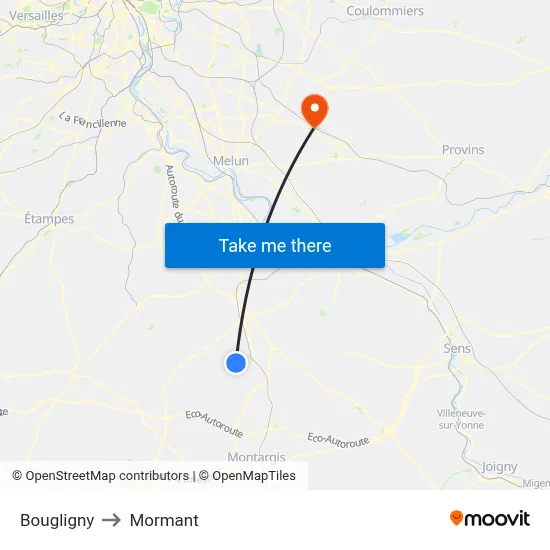 Bougligny to Mormant map