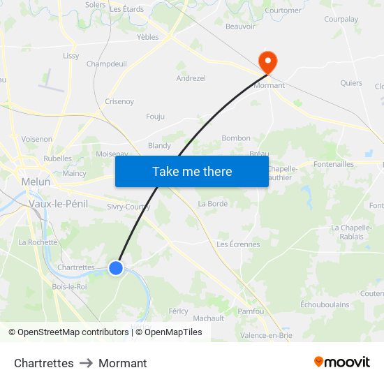 Chartrettes to Mormant map