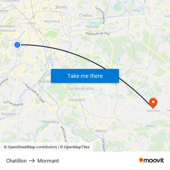 Chatillon to Mormant map