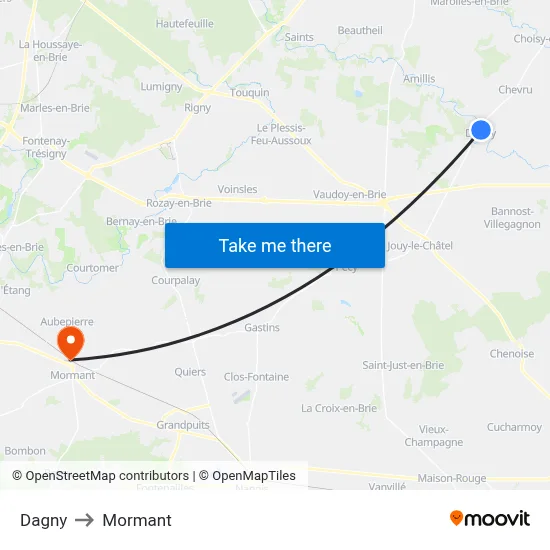 Dagny to Mormant map