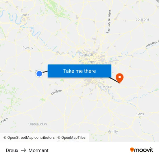 Dreux to Mormant map