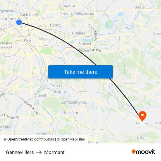 Gennevilliers to Mormant map