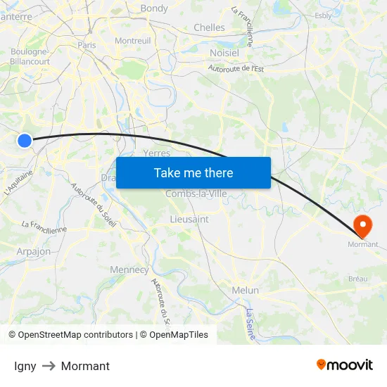 Igny to Mormant map