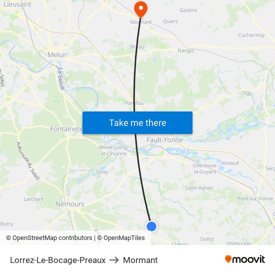 Lorrez-Le-Bocage-Preaux to Mormant map