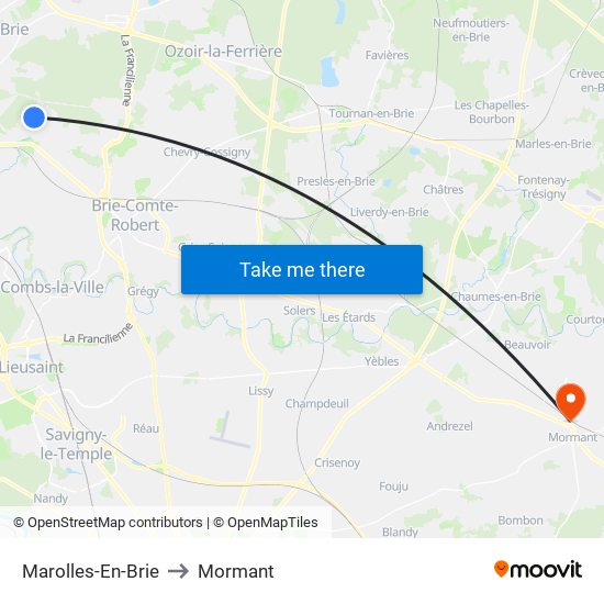 Marolles-En-Brie to Mormant map
