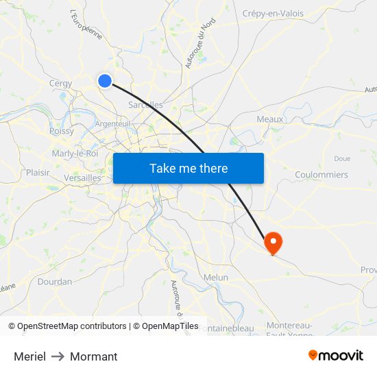 Meriel to Mormant map