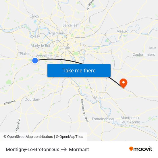 Montigny-Le-Bretonneux to Mormant map