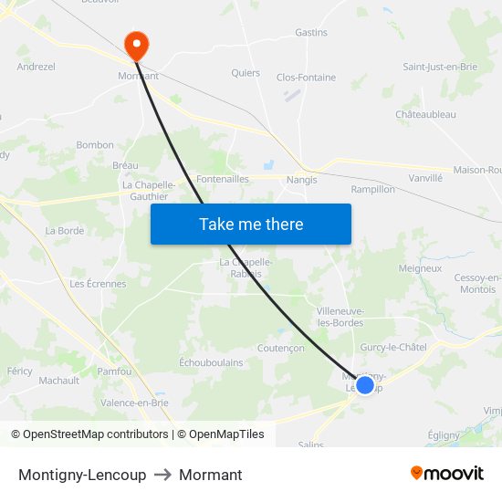 Montigny-Lencoup to Mormant map