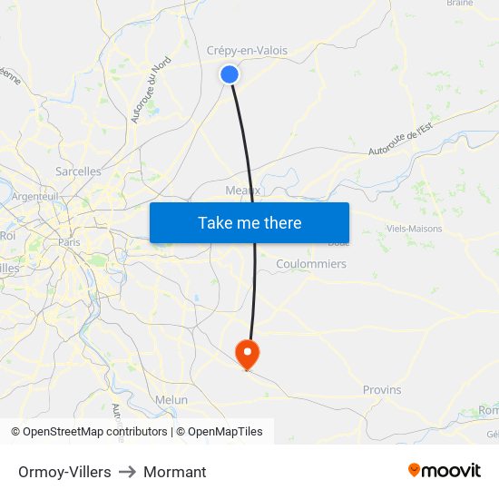 Ormoy-Villers to Mormant map