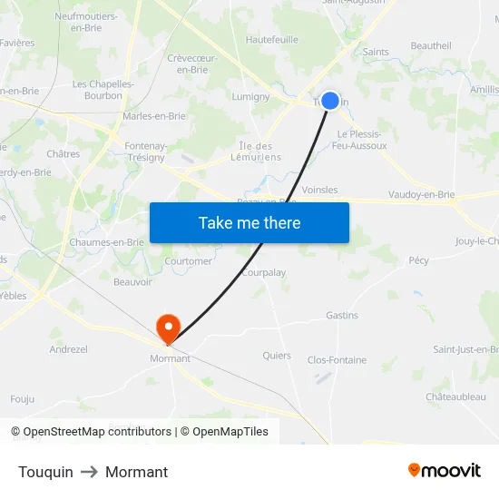 Touquin to Mormant map