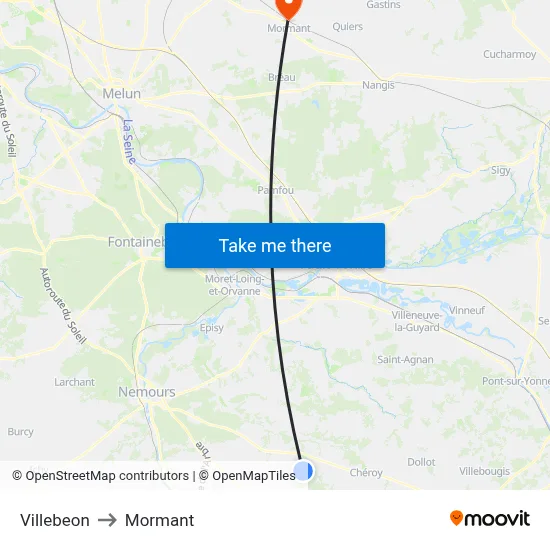 Villebeon to Mormant map