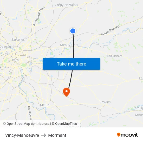 Vincy-Manoeuvre to Mormant map