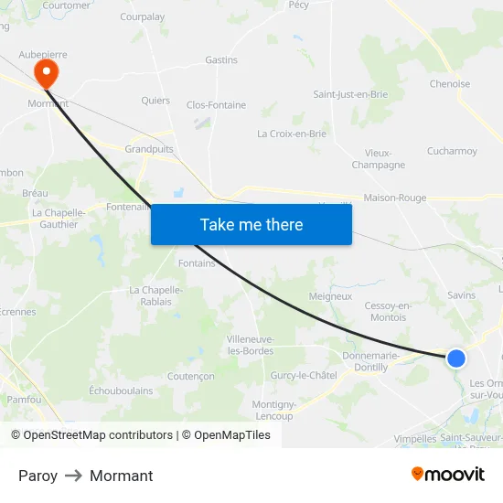 Paroy to Mormant map