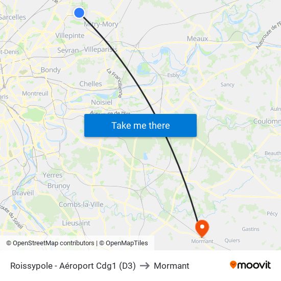 Roissypole - Aéroport Cdg1 (D3) to Mormant map