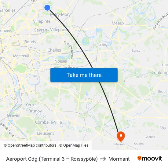 Aéroport Cdg (Terminal 3 – Roissypôle) to Mormant map