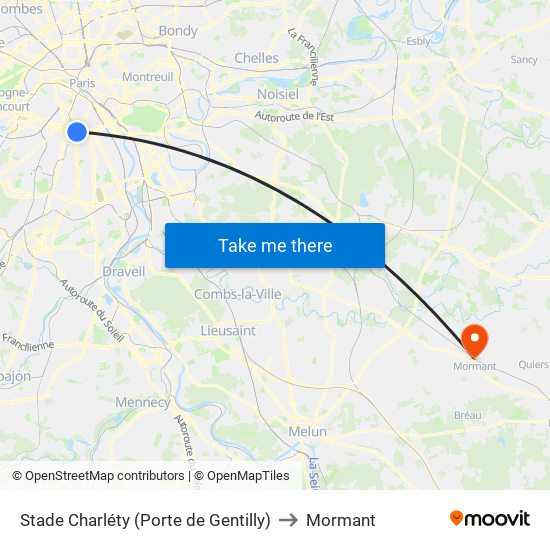 Stade Charléty (Porte de Gentilly) to Mormant map