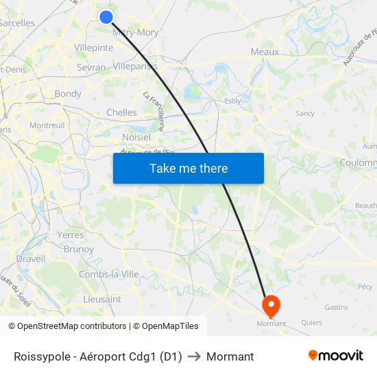 Roissypole - Aéroport Cdg1 (D1) to Mormant map