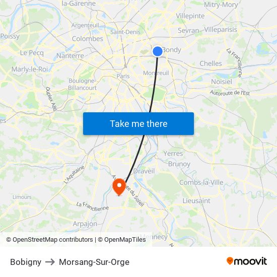 Bobigny to Morsang-Sur-Orge map