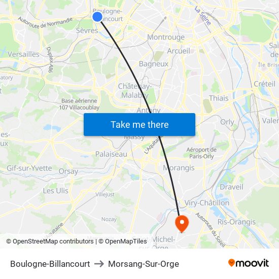 Boulogne-Billancourt to Morsang-Sur-Orge map