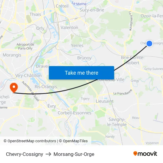 Chevry-Cossigny to Morsang-Sur-Orge map