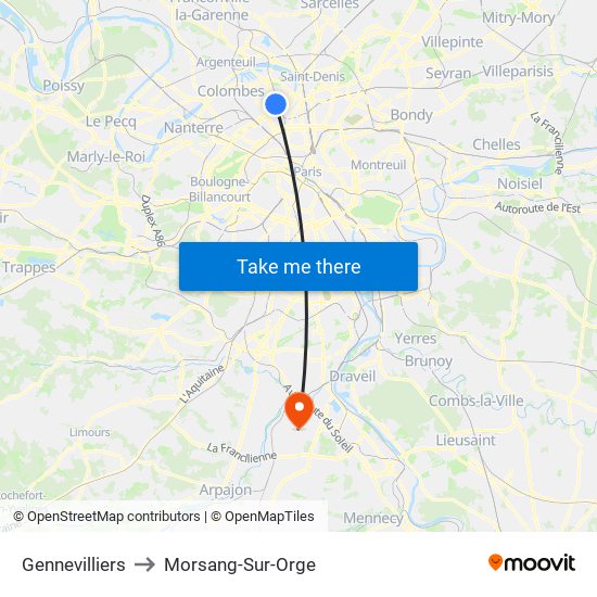 Gennevilliers to Morsang-Sur-Orge map