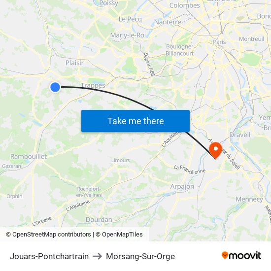 Jouars-Pontchartrain to Morsang-Sur-Orge map
