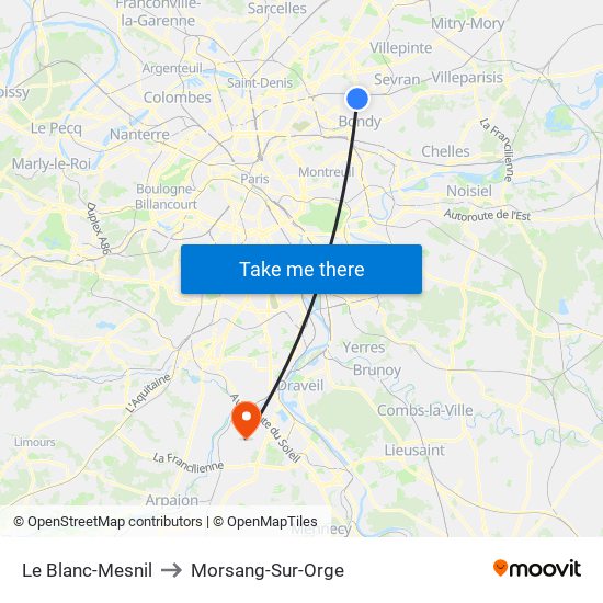 Le Blanc-Mesnil to Morsang-Sur-Orge map