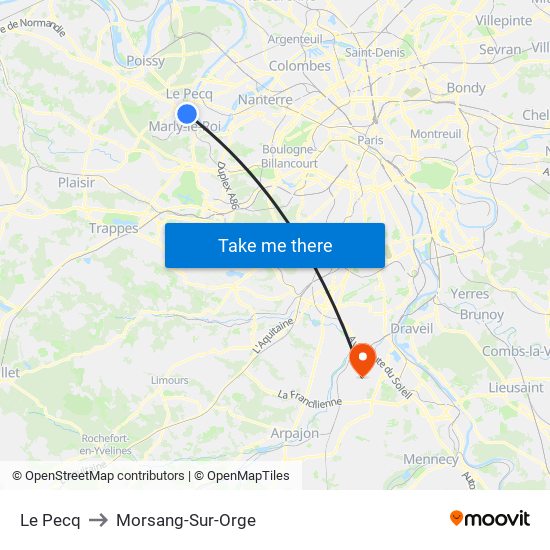 Le Pecq to Morsang-Sur-Orge map