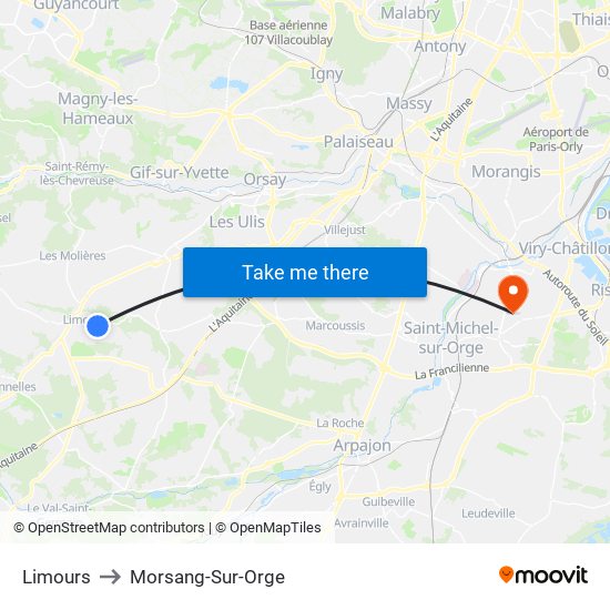 Limours to Morsang-Sur-Orge map