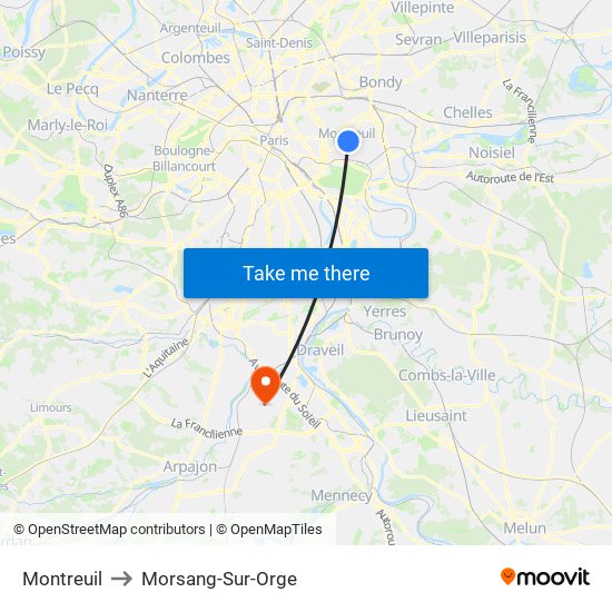 Montreuil to Morsang-Sur-Orge map