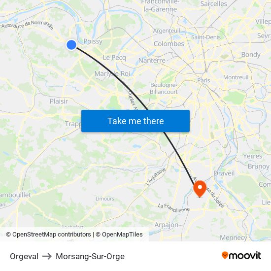 Orgeval to Morsang-Sur-Orge map