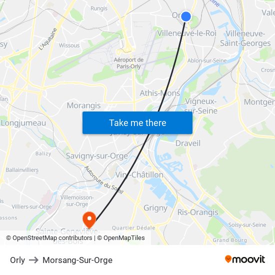 Orly to Morsang-Sur-Orge map