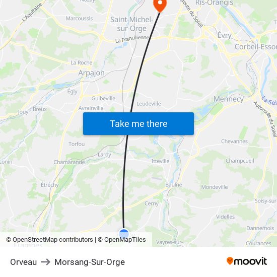 Orveau to Morsang-Sur-Orge map