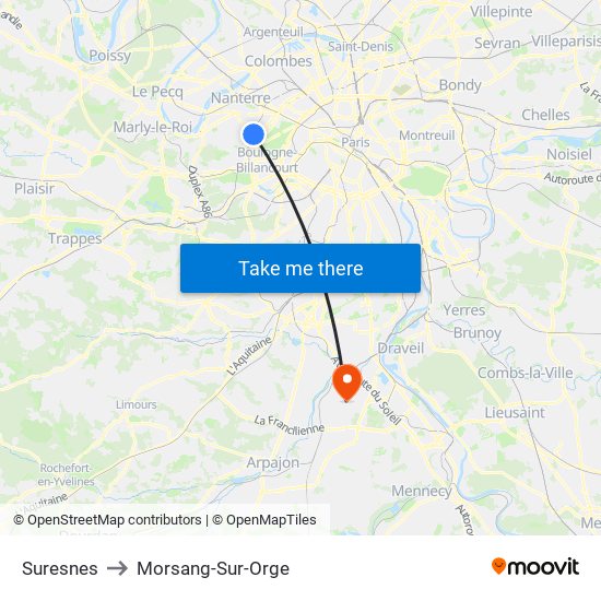 Suresnes to Morsang-Sur-Orge map