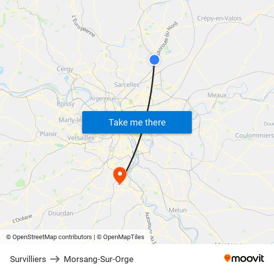 Survilliers to Morsang-Sur-Orge map