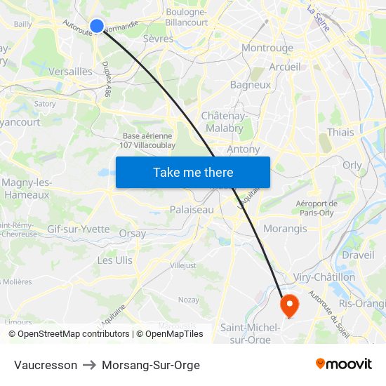 Vaucresson to Morsang-Sur-Orge map