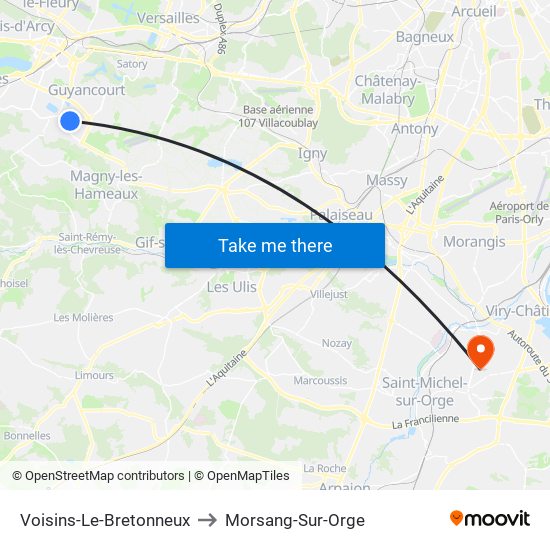 Voisins-Le-Bretonneux to Morsang-Sur-Orge map