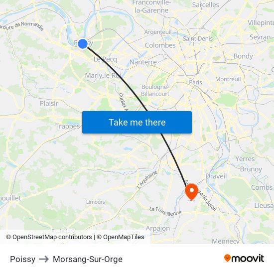 Poissy to Morsang-Sur-Orge map