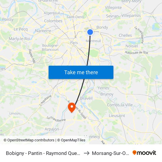 Bobigny - Pantin - Raymond Queneau to Morsang-Sur-Orge map