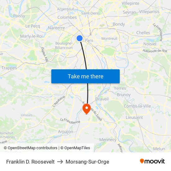 Franklin D. Roosevelt to Morsang-Sur-Orge map