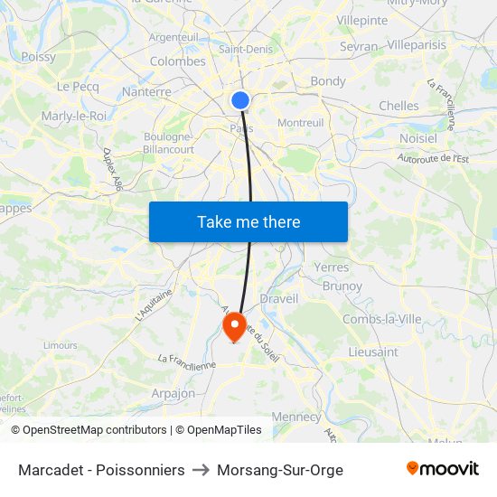 Marcadet - Poissonniers to Morsang-Sur-Orge map