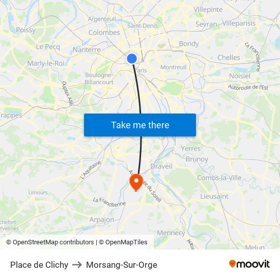 Place de Clichy to Morsang-Sur-Orge map