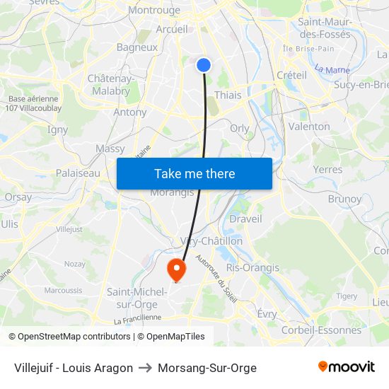 Villejuif - Louis Aragon to Morsang-Sur-Orge map