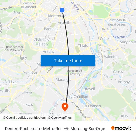 Denfert-Rochereau - Métro-Rer to Morsang-Sur-Orge map