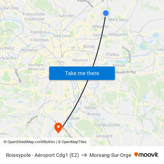 Roissypole - Aéroport Cdg1 (E2) to Morsang-Sur-Orge map