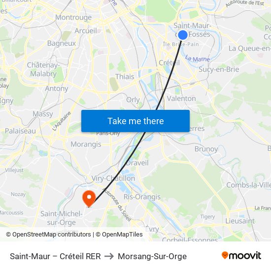 Saint-Maur – Créteil RER to Morsang-Sur-Orge map